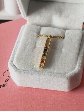 White Roses & Sherry 18k Gold Filled Rainbow CZ Bar Necklace